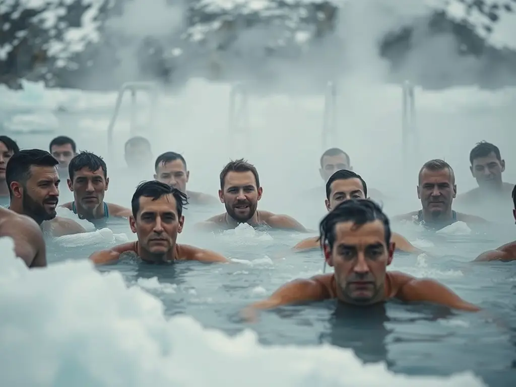 A runner submerged in an ice bath, steam rising, focused expression, Viking-inspired setting, snow-covered mountains in the background.